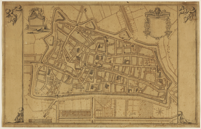 216027 Plattegrond van de stad Utrecht met directe omgeving; met weergave van het stratenplan met bebouwingsblokken, ...